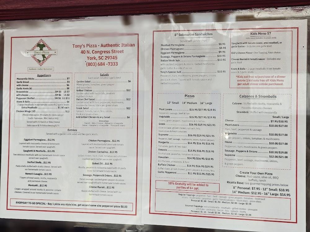 Tony's Pizza & Italian Restaurant Menu image 1