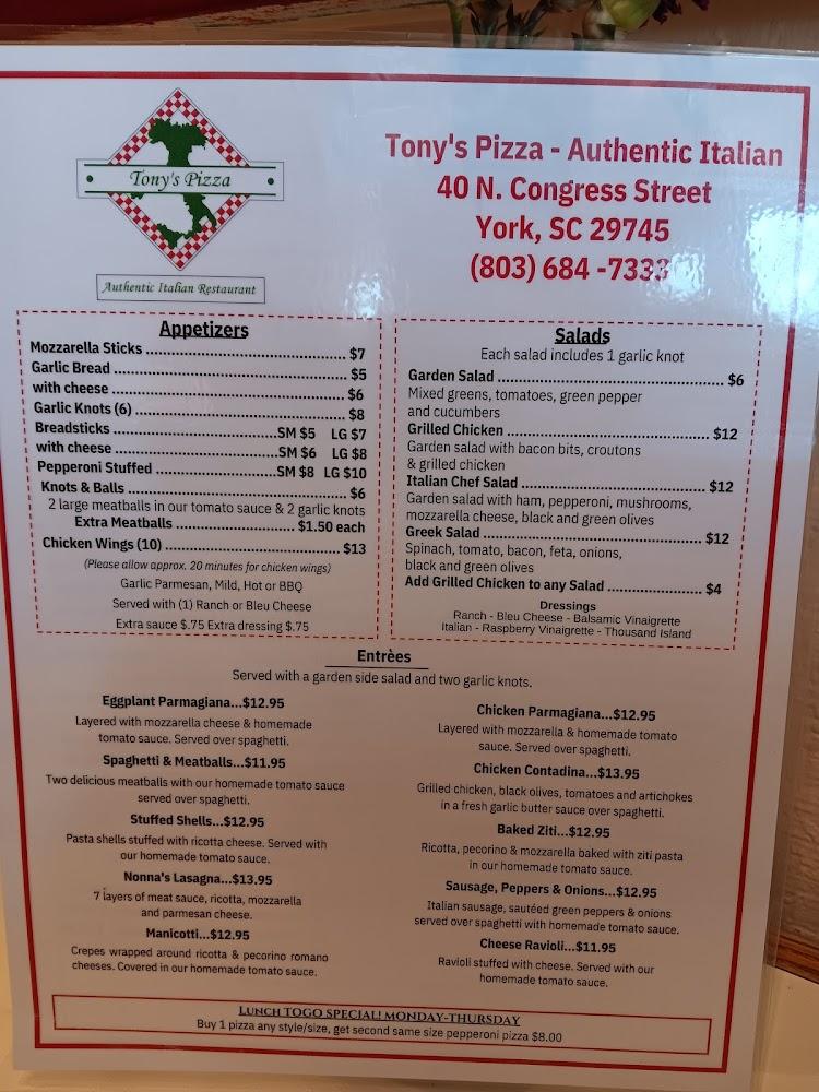 Tony's Pizza & Italian Restaurant Menu image 2